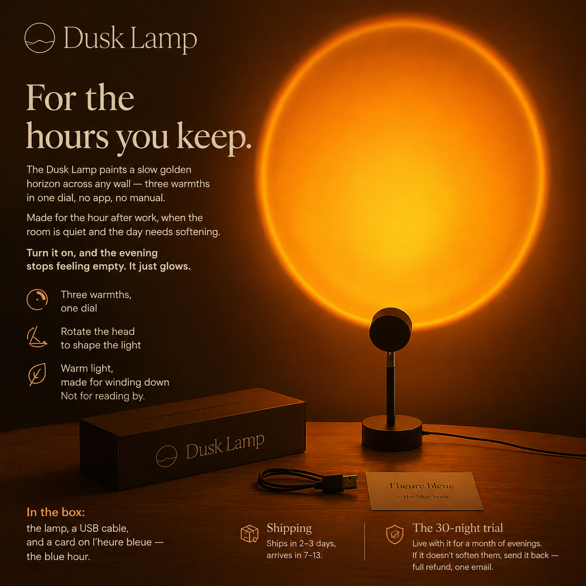 The Dusk Lamp creating a calm golden atmosphere