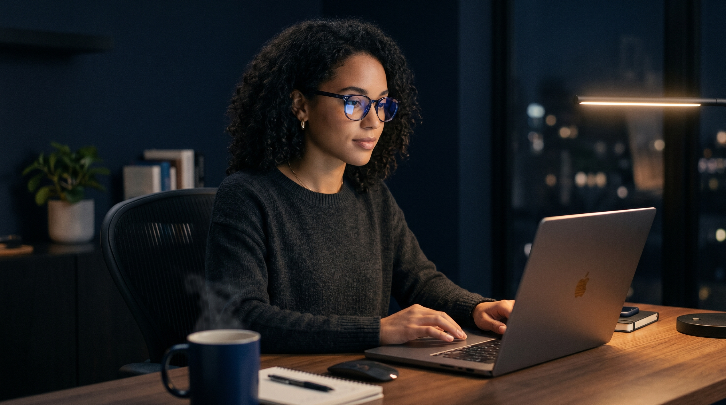 Person working on a laptop at a desk with a cityscape in the background
